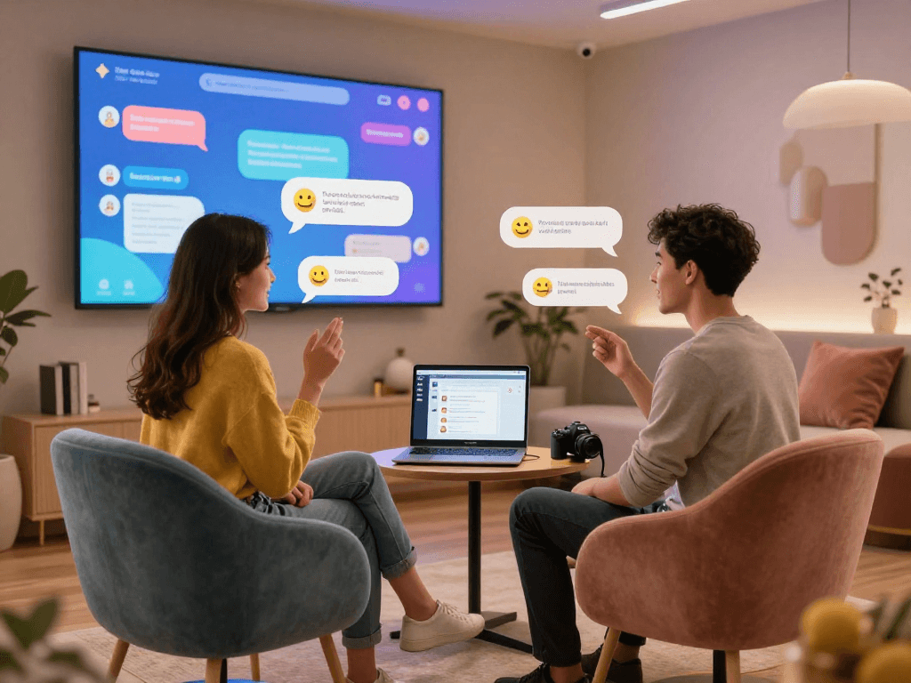 Interactive digital chat scene showcasing engaging porn ai chat between avatars in a cozy lounge environment.