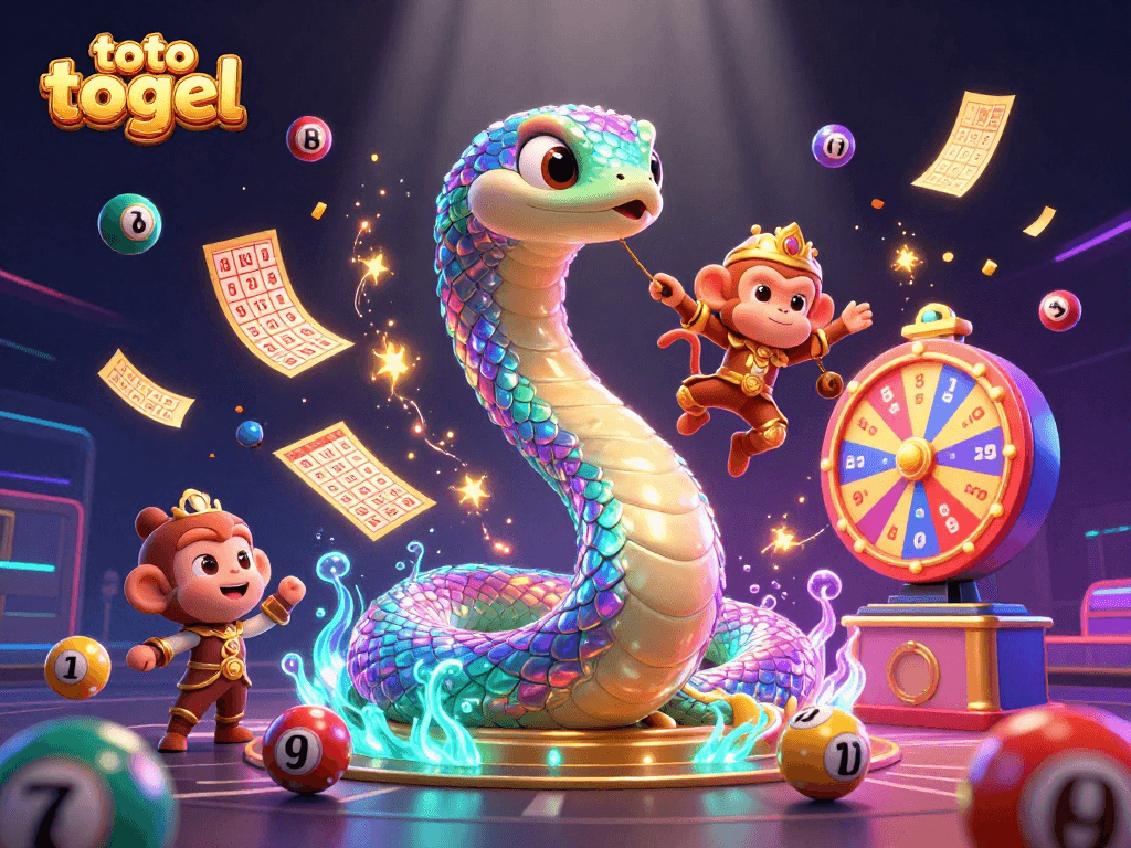 Engage with toto togel in a vibrant casino scene featuring a rainbow serpent, monkey king, and dynamic lottery elements.