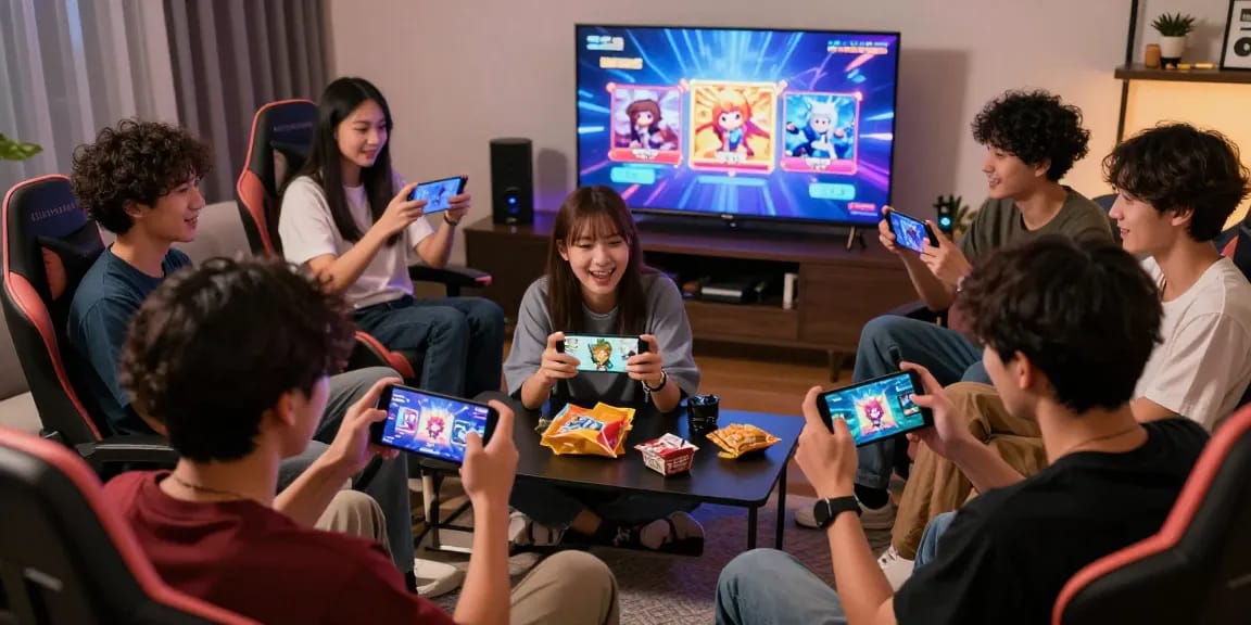 Friends enjoying gacha168 game session, showcasing excitement and rare collectibles, vibrant gaming atmosphere.