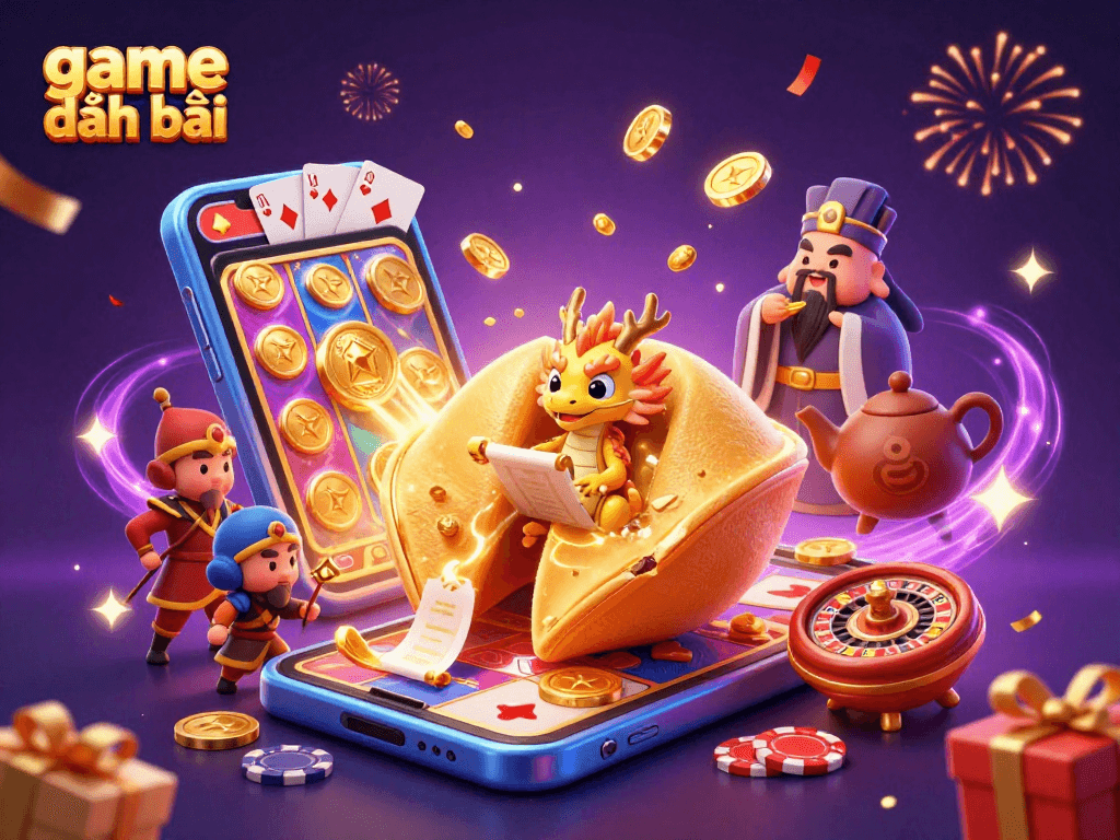 Engage in game đánh bài with this vibrant 3D scene showcasing fortune cookies and casino elements.