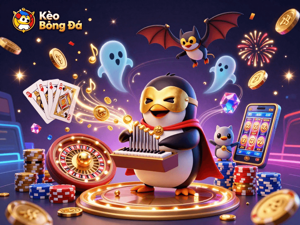 Kèo Bóng Đá celebrates sports betting with a soaring penguin and bat amidst dynamic casino elements.