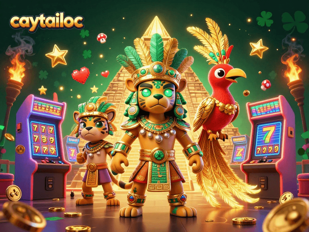 Caytailoc jackpot scene showcasing vibrant 3D casino illustrations with Mayan characters and gaming elements.