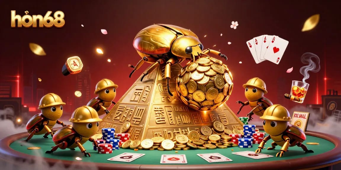 Engage with hon68's thrilling gaming experience featuring a golden beetle rolling coins and casino elements.
