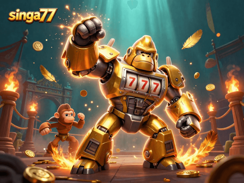 Singa77 showcases a golden gorilla mech in an explosive casino battle scene with rolling jackpots.