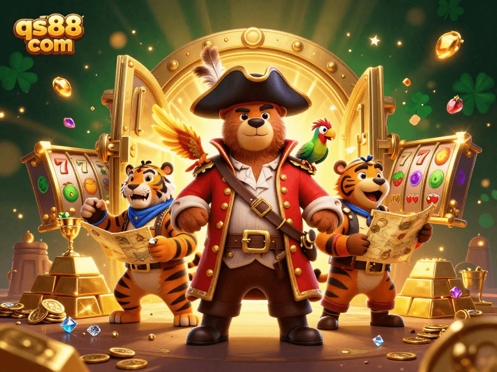 Engage with qs88 com's vibrant casino adventure featuring a dynamic pirate bear and tiger.
