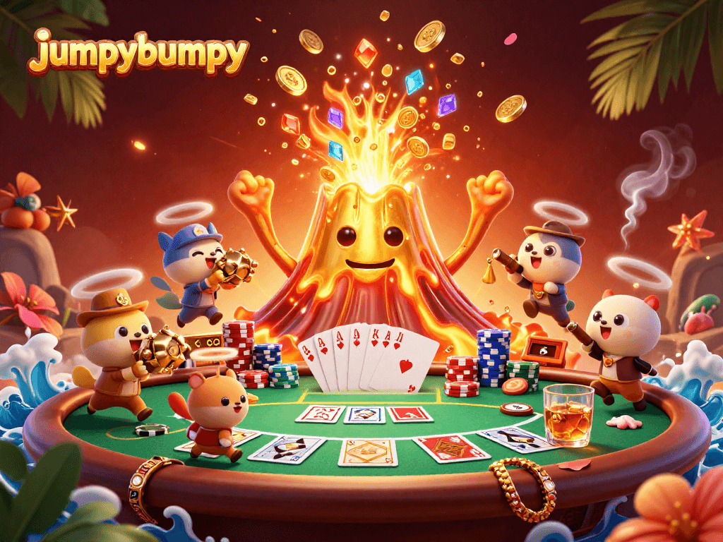 Experience the excitement of jumpybumpy as a golden volcano erupts coins and treasures in a vibrant casino scene.
