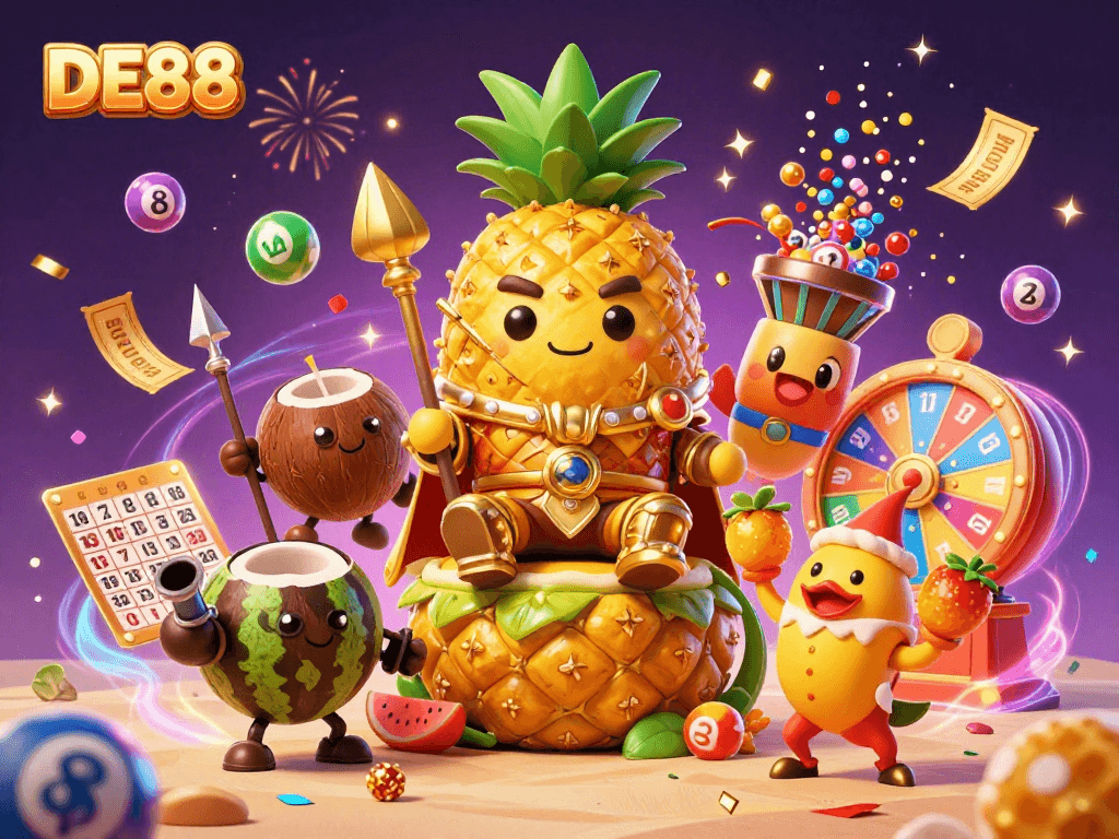 Experience the thrill of DE88 with a vibrant casino scene featuring colorful lottery elements and magical celebrations.