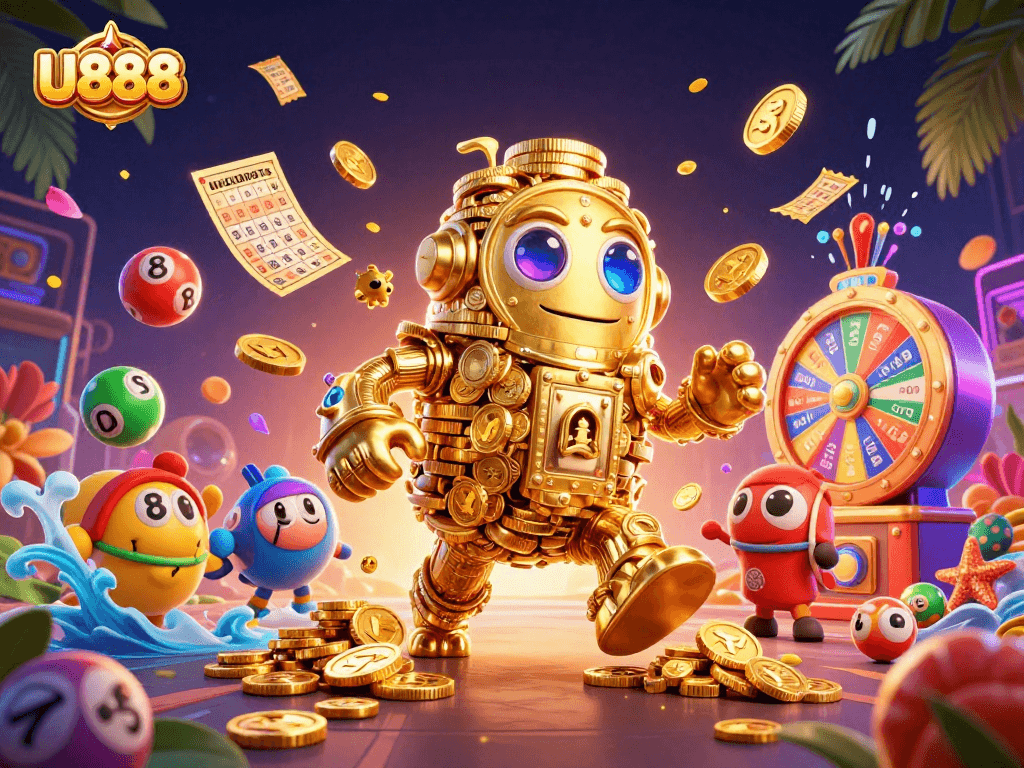 Experience the exciting games at U888 with vibrant lottery balls and golden golem elements.