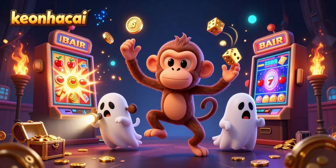 Engage with the lively scene of keonhacai showcasing dynamic casino elements and playful characters.