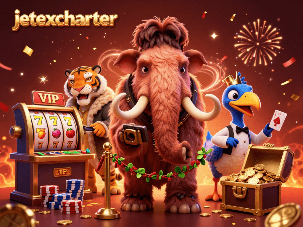 Win big at jetexcharter while engaging with vibrant casino characters in a lively scene.