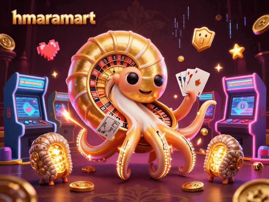 hmaramart offers a vibrant scene of 3D characters, casino elements, and arcade excitement.