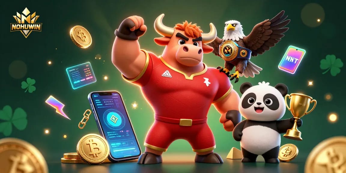 NOHUWIN features an energetic scene with a victorious bull mascot and an eagle, highlighting thrilling casino experiences.