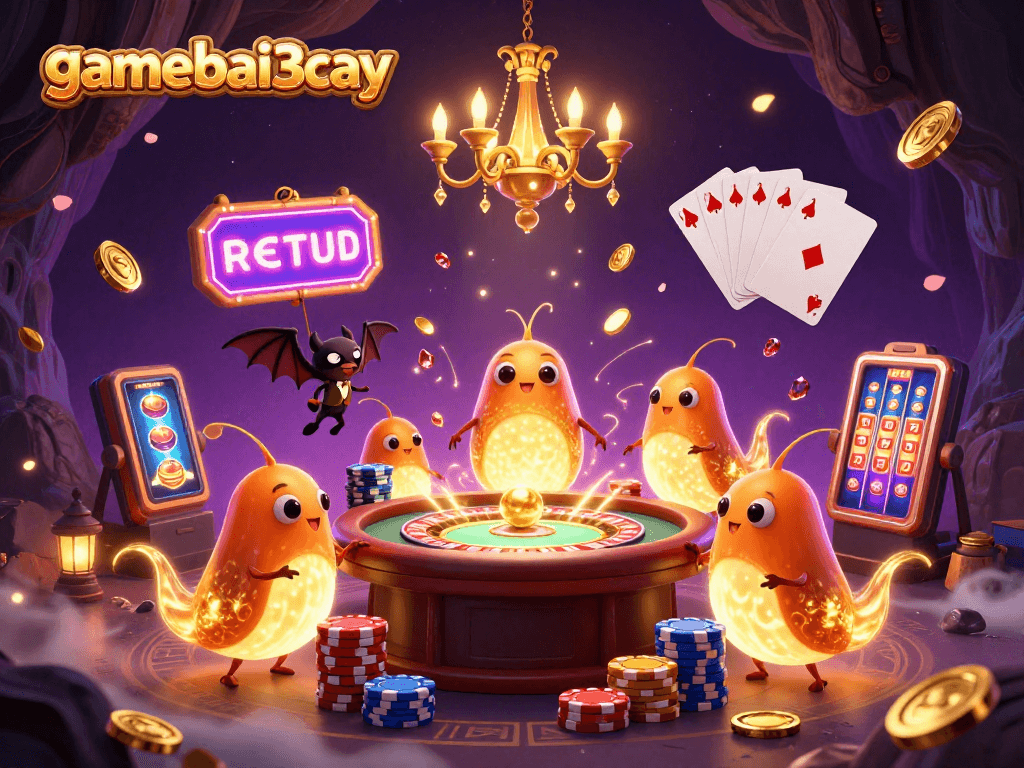 gamebai3cay illuminates a vibrant cave casino with glowing glowworms and a bat dealer.