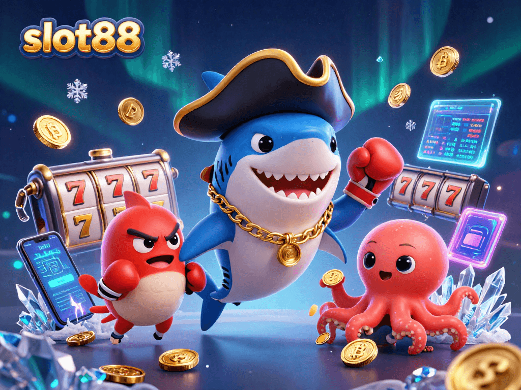 Engage with slot88 in an exciting adventure with a pirate shark, pufferfish, and octopus in a vibrant 3D casino.
