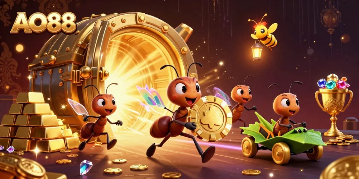 Engaging 3D rendering of AO88 with cartoon ants, golden treasures, and a vibrant casino heist scene.