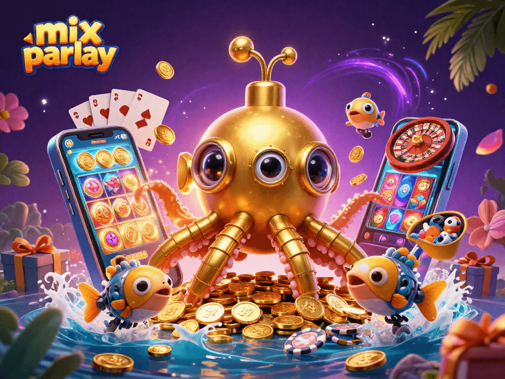 Experience thrilling mix parlay betting with vibrant 3D illustrations of engaging casino elements.