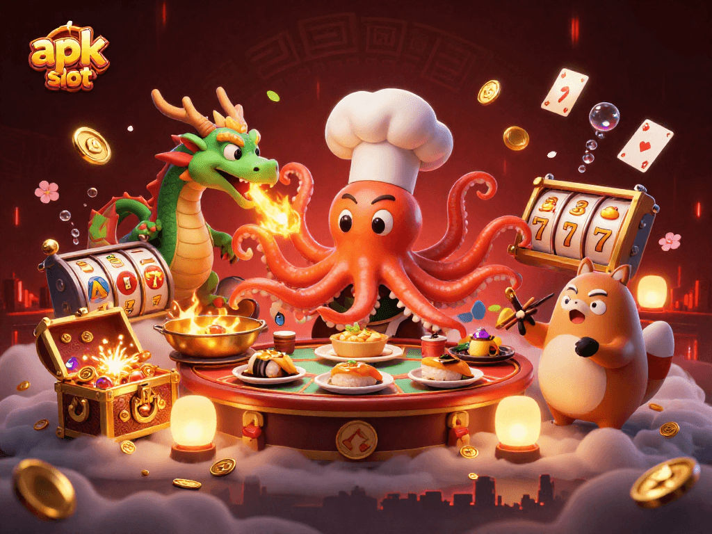 Jelajahi keseruan bermain apk slot dengan karakter unik seperti gurita chef dan naga, dikelilingi harta karun.