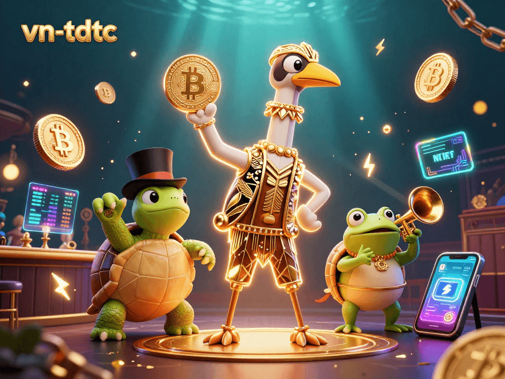 Experience high-energy gaming at vn-tdtc with vibrant cryptocurrency-themed characters in action.