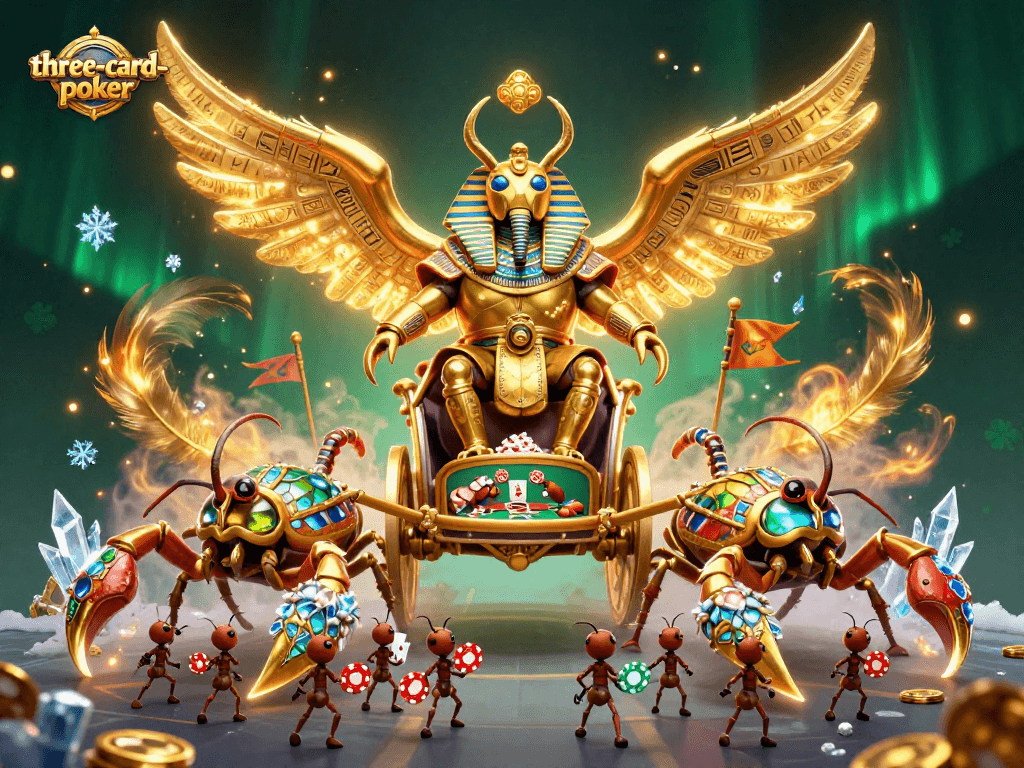 Engage in three-card-poker with dynamic characters and colorful casino elements in this vibrant scene.