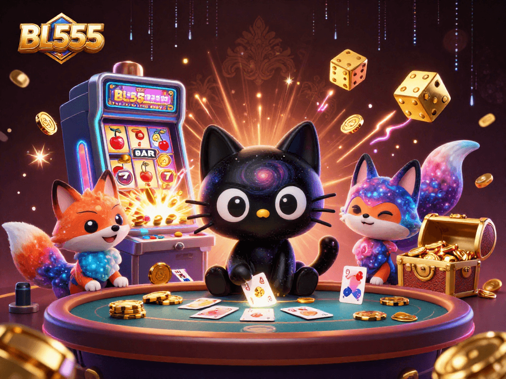 Experience thrilling gaming at BL555 with a captivating cosmic casino scene featuring unique characters and vibrant elements.