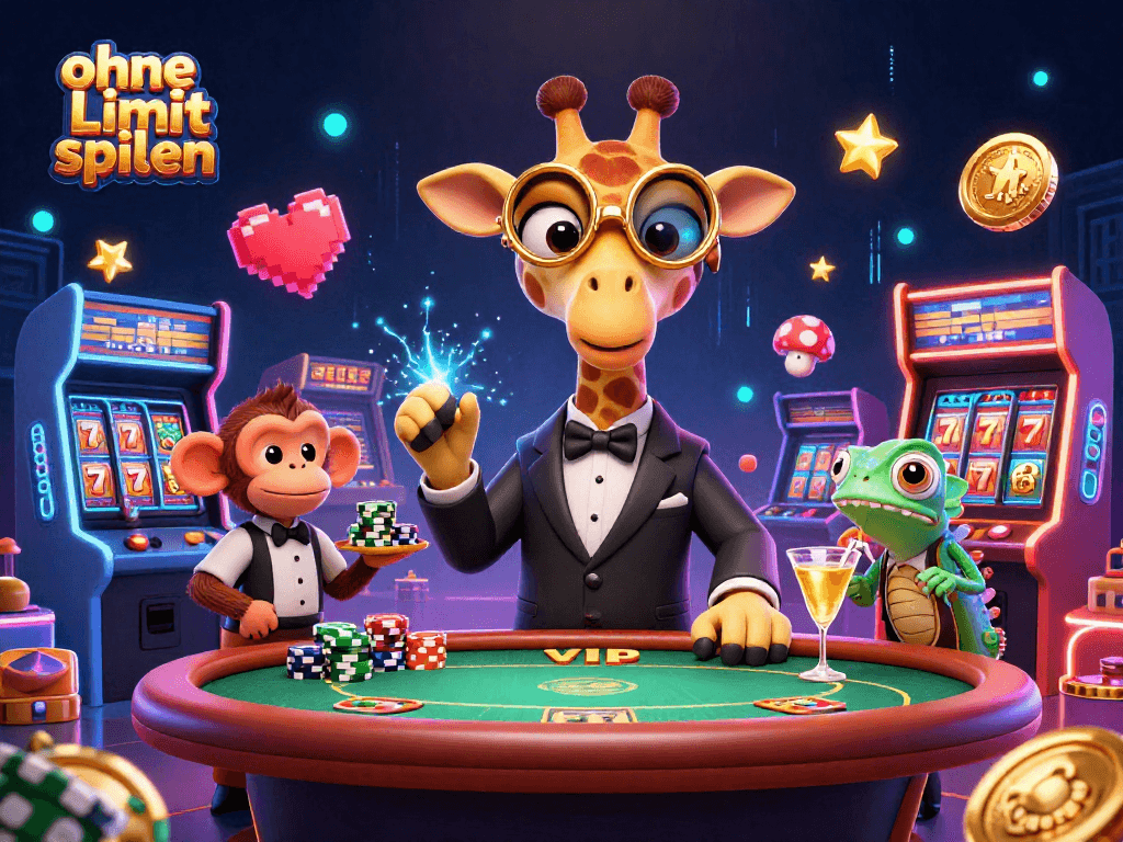 Play ohne Limit spielen as a high-roller giraffe interacts with a vibrant casino scene filled with games.