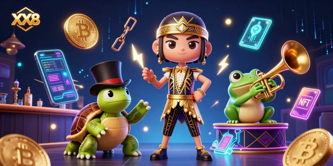 Experience the excitement at XX8 with a vibrant 3D illustration of a casino scene, featuring unique characters and crypto elements.