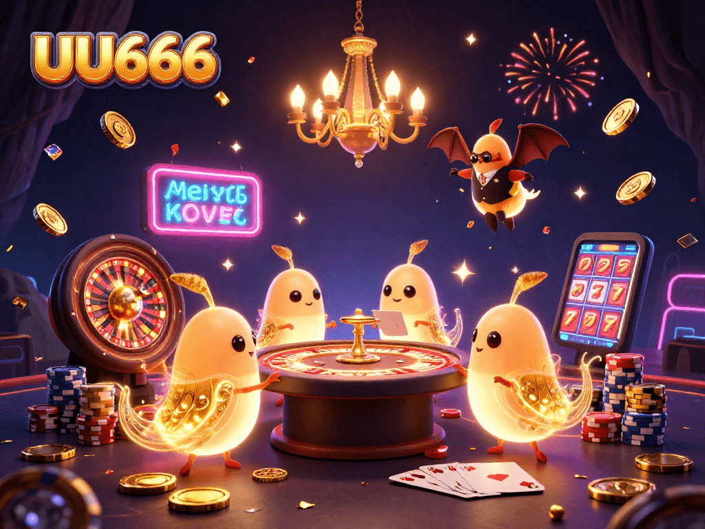UU666 illuminates the casino experience with vibrant glowworms and a bat dealer in an engaging scene.