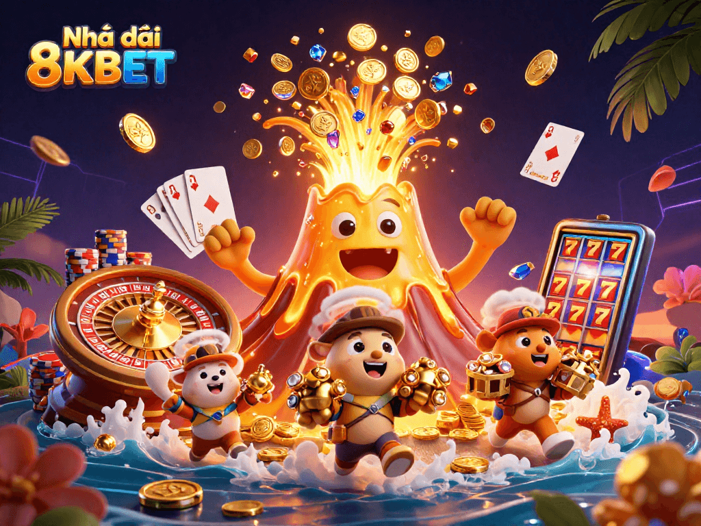Launch into winning with Nhà cái 8KBET, showcased in a vibrant casino-themed 3D scene filled with treasures.