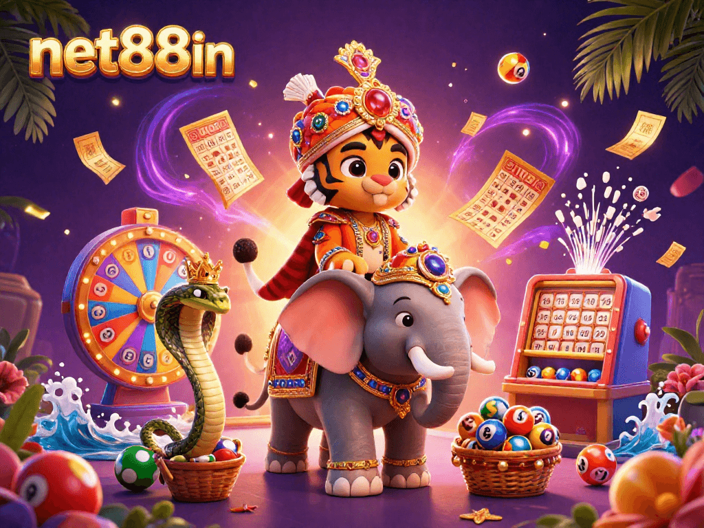 Play exciting games with net88in featuring a vibrant lottery scene with colorful elements.