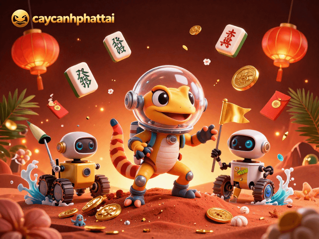 Caycanhphattai game features an adventurous Martian gecko exploring a golden casino, surrounded by festive gaming elements.