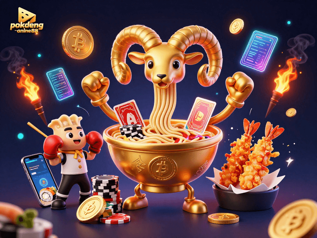Experience thrilling gameplay with pokdeng-online88 featuring a golden ramen bowl dealer amidst a lively casino scene.