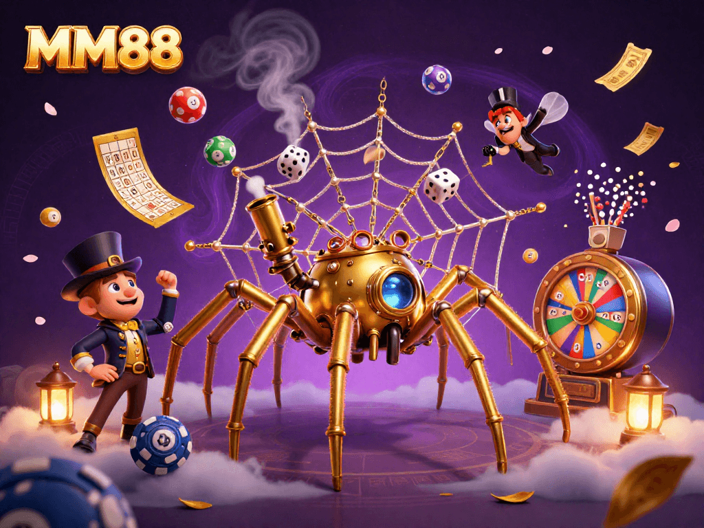 Experience MM88 with a captivating web of games, featuring a steampunk golden spider in a vibrant casino scene.
