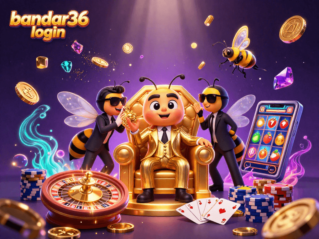 Ilustrasi kasino 3D yang menampilkan bandar36 login dengan karakter lebah dan elemen permainan yang menarik.