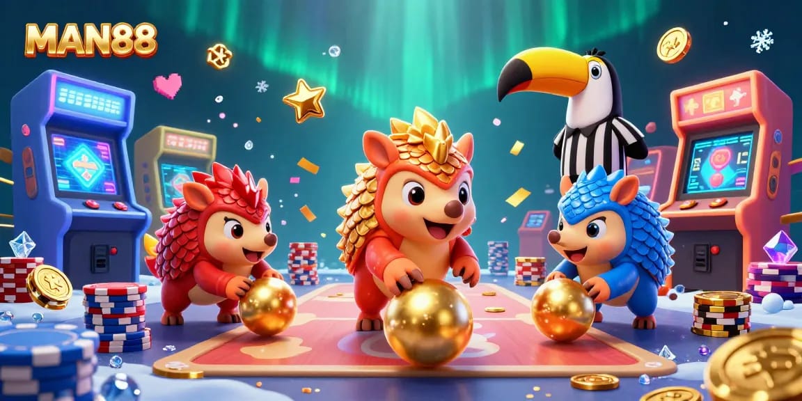 Engage with MAN88's fun gaming environment featuring dynamic pangolins and vibrant casino elements.