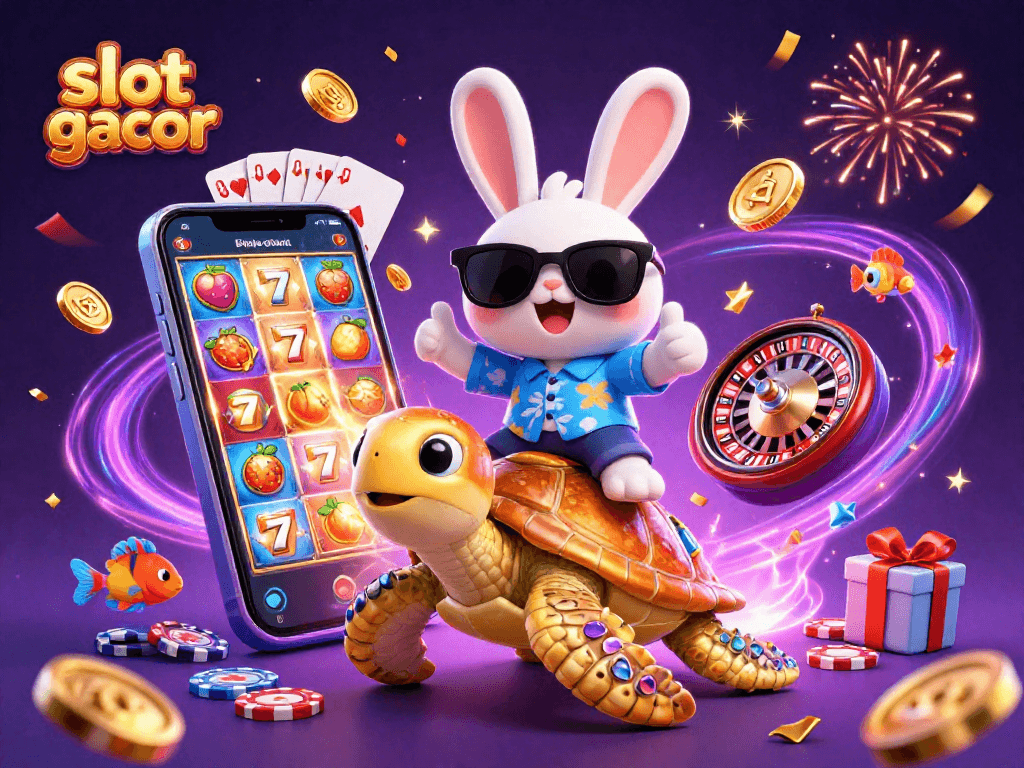 Slot gacor menghadirkan kelinci keberuntungan mengendarai kura-kura emas, dikelilingi permainan slot yang meriah.