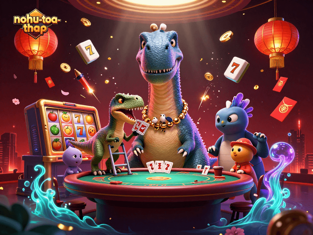 Nurture your strategy in nohu-toa-thap as a giant brontosaurus observes a lively poker game.