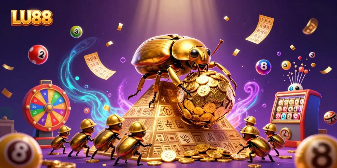 Engage with LU88 through a vibrant casino scene featuring a golden beetle and dynamic lottery elements.