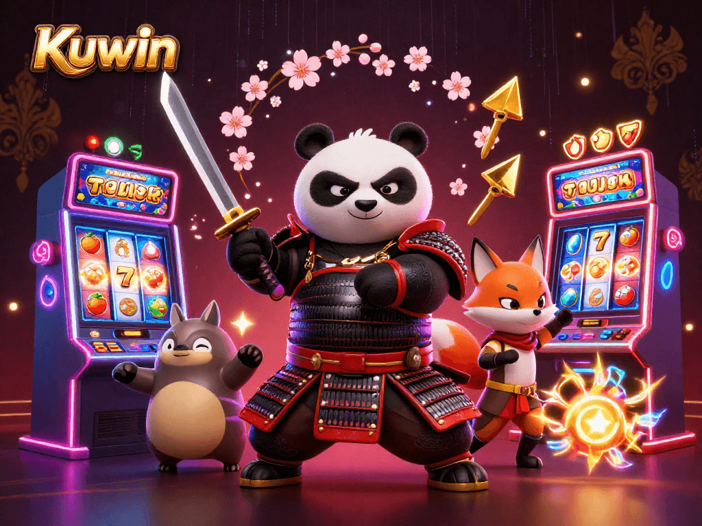 Kuwin features a fierce samurai panda and ninja fox in a vibrant casino gaming scene.