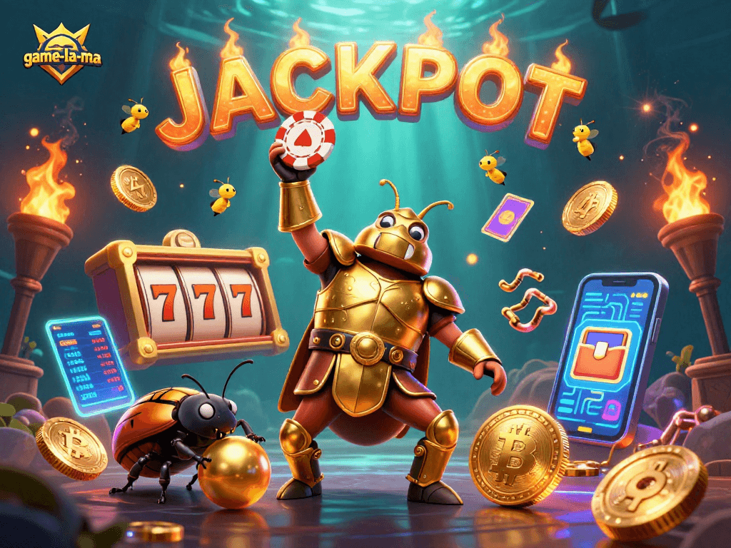 Win big with game-la-ma as a 3D beetle champion triumphs in a packed casino atmosphere.