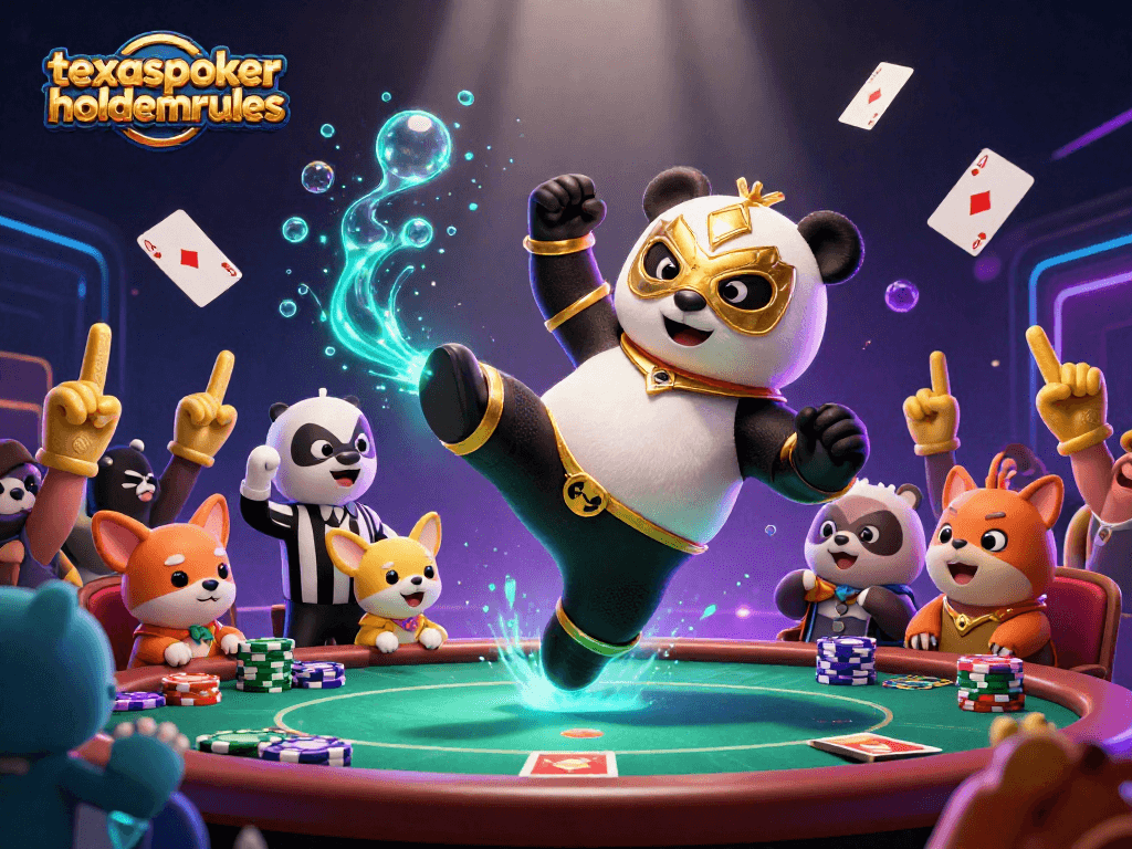 Experience thrilling action with texaspokerholdemrules as a panda wrestler and audience celebrate poker games.