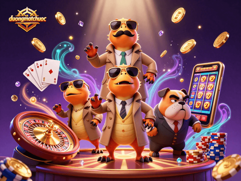 Experience the fun of duongmatchuoc with raptors in a trench coat at a VIP casino lounge.