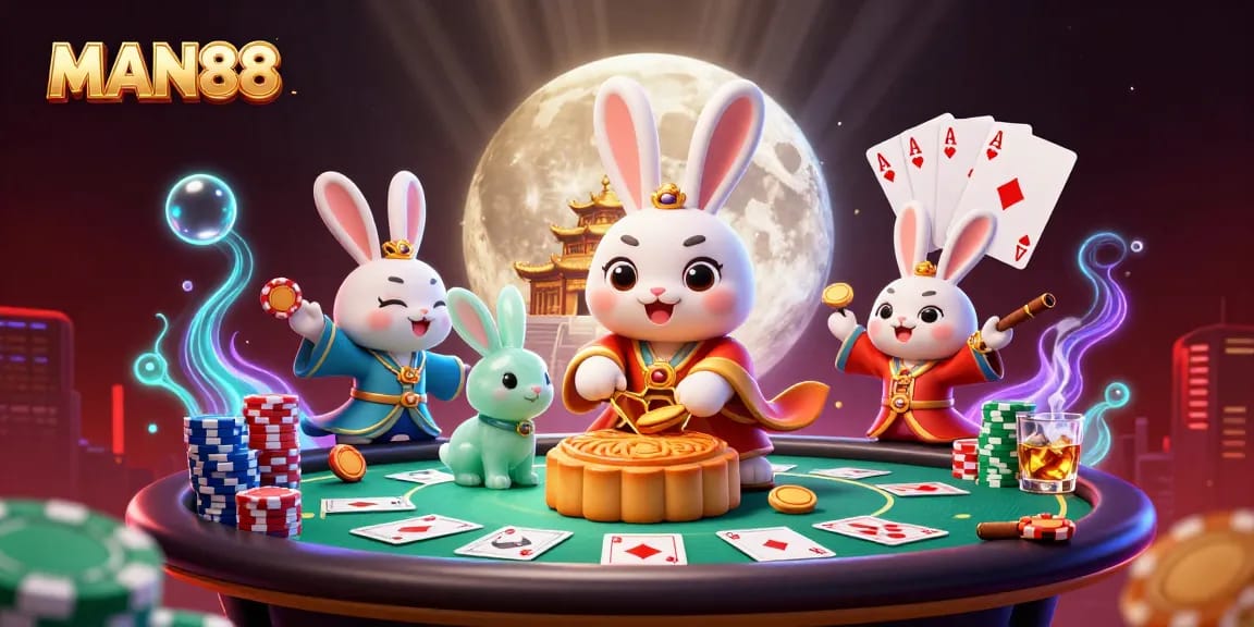 Experience the excitement at MAN88 with the moon rabbit and poker chips in an enchanting casino scene.