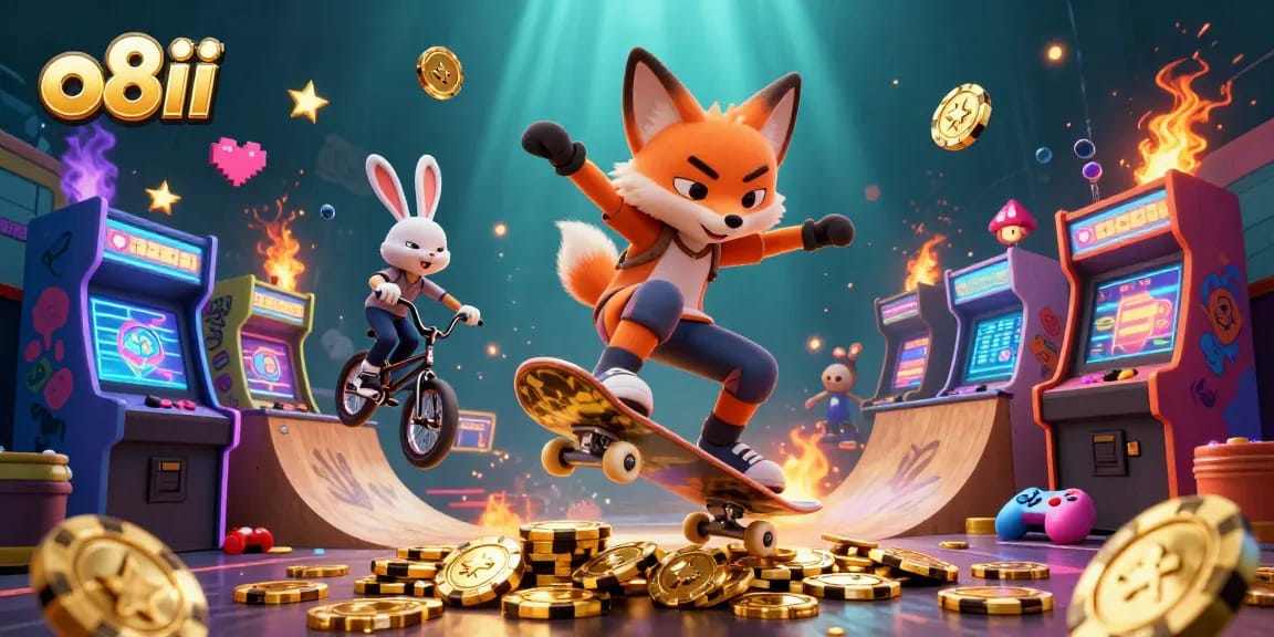 Engage with thrilling slots at o8ii while a fox and rabbit showcase exciting tricks in a casino-themed scene.
