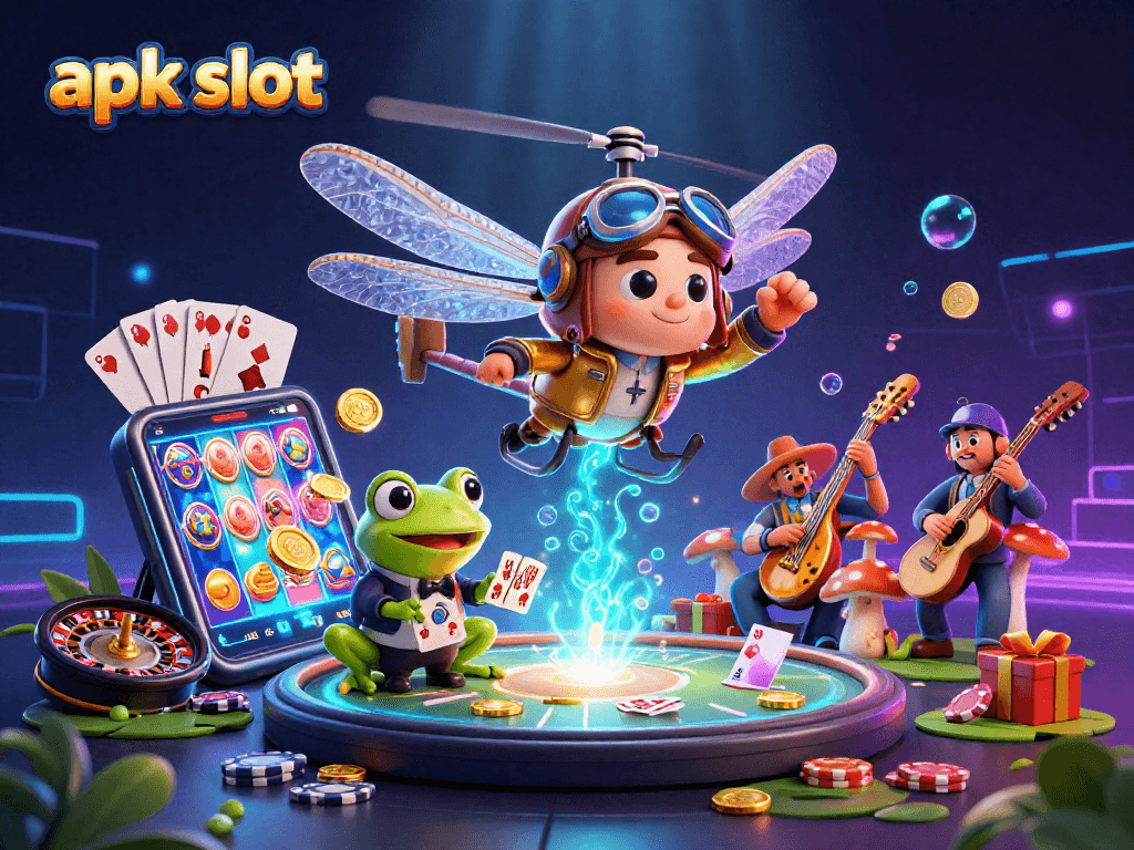 Mengalami keseruan apk slot dengan karakter kartun 3D yang bermain di kasino lily pad dan dikelilingi elemen perjudian.