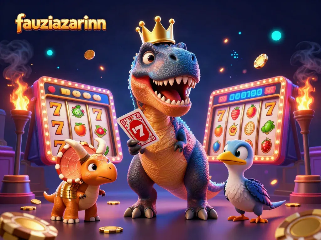 fauziazarinn showcases a cartoon T-Rex shuffling cards with vibrant slot reels, symbolizing interactive casino fun.