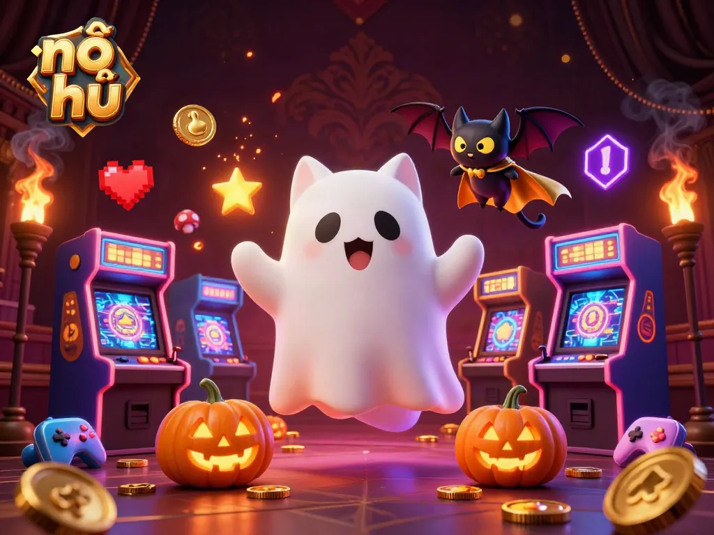 Engage with nổ hũ in a vibrant haunted casino scene featuring a ghost cat, bat, and glowing symbols.
