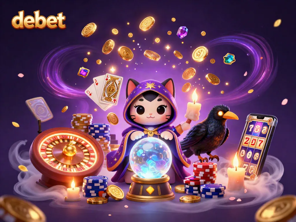 Experience the allure of debet with a magic cat, glowing raven and casino elements in vibrant 3D.