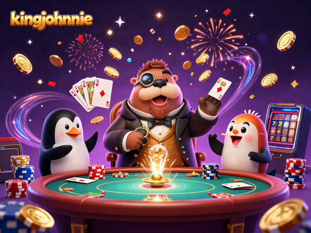 Experience thrilling poker at kingjohnnie with a stylish walrus and friends in an underwater casino.