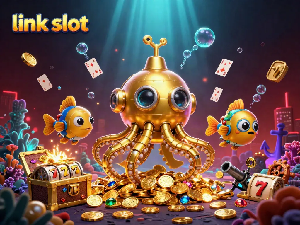 Engage with link slot adventures through a vibrant underwater scene featuring a golden kraken and slot reels.