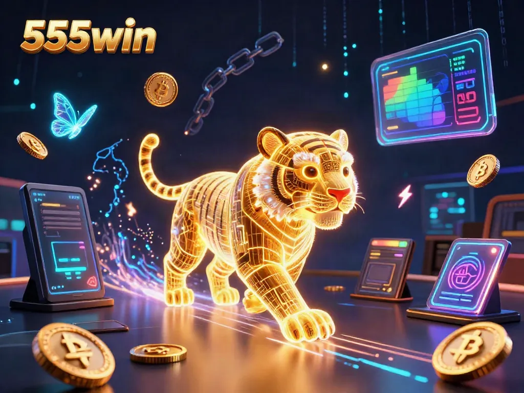 Experience the allure of 555win with a neon tiger in a vibrant digital casino scene filled with crypto elements.